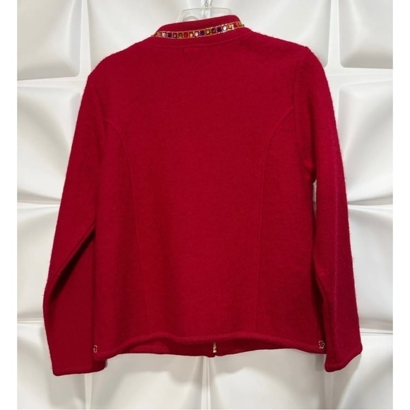Lisa International Sz S 100% Boiled Wool Red Rhinestone Zip Up Cardigan Sweater - Picture 5 of 6